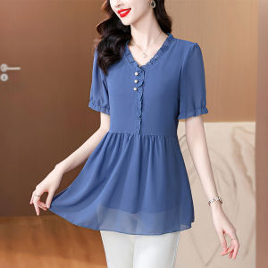 MAIMEI | Summer V-neck Chiffon Shirt Women Short Sleeve Waist-cinching Fashionable Top Belly Concealing Midi Dress Age-defying Blouse