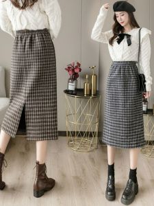 Woolen Houndstooth Design Skirt Womens New Fall and Winter Fleece-lined Thickened Overknee Mid-Length Straight-leg Slit Sheath Skirt