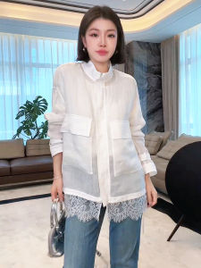 ME 100% Flax White Air Shirt Heavy Embroidery Breathable Outerwear Chic Commute Style Long Sleeve Zipper Closure Summer Jacket