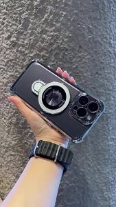 พร้อมขาตั้ง เคลือบหรูหราสำหรับ Magsafe พร้อมกระเป๋าใส่ของขาตั้งโลหะสำหรับ เคสไอโฟน iPhone 16 15 11 12 13 14 Pro Max Plus เคสใส