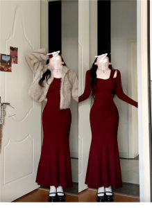 French Elegant Red Fish Tail Dress Womens Spring Autumn Winter New Pure Desire Spicy Girl Bodycon Long Dress Christmas Suit