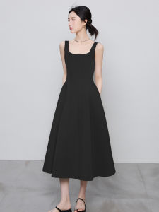 French Waist-Cinching Minimalist Maxi Dress Womens High-End Sensation Waist-Cut Long Black Dress Summer New Arrival