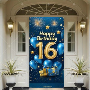 Sweet 16th Birthday Door Flag Gold 16th Birthday Party Decoration Background Cake Balloon Boy Girl Birthday Props Party Supplies