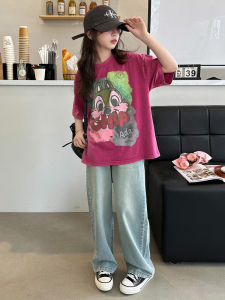 Korean Style T-shirt Suit Older Girls Summer Clothes Middle School Fat Girl 10 Years Old 12 Cartoon T-shirt Thin Denim 13 Two-piece Set 15