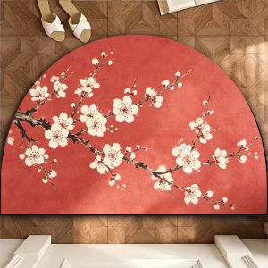 VIKAMA Flower Ink Painting Half Circle Door Mat Entrance Anti Slip Carpet Oriental Retro Carpet Home Decoration
