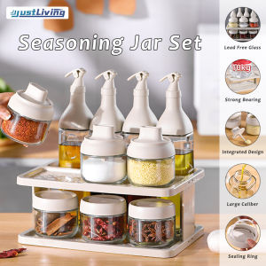 JustLiving 1Set/11Pcs Glass Oil Bottle Dispenser Set with Plastic Holder for Kitchen Glass Olive Bottle Seasoning Bottle Oil and Vinegar Bottle Seasoning Spoon Bottle Condiment Bottle Seasoning Container Spice Bottle