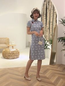Blue Bow Cotton Midi Cheongsam 1048-70 蝴蝶結藍色中長棉旗袍