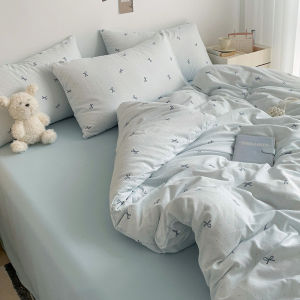 Girls Butterfly Knot Double Layer Washed Cotton Bedding Set Three Four Piece Suite Includes Bed Sheet Dust Cover Quilt Cover