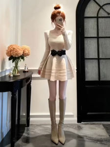 CHANGTONG | Elegant Bow Knitted Fluffy Waist Short Dress