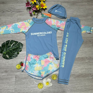 Đồ bơi bé gái 3 chi tiết kín đáo áo tay dài quần dài họa tiết hoa dễ thương chất liệu polyester size từ 20kg-48kg BINSPORTS BB109
