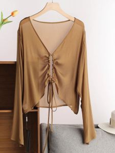 เสื้อคลุมกันแดดผ้าโปร่งบางสำหรับผู้หญิง เสื้อคาร์ดิแกนแขนยาวคอวี ทรงหลวม แขนยาว ความยาวปกติ ชุดทำงานสไตล์เกาหลี