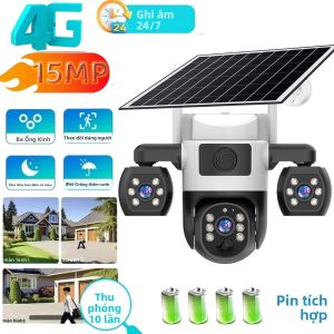 Camera Năng Lượng Mặt Trời 4G 15MP 3 Ống Kính An Ninh Ngoài Trời Với Zoom 10X Tầm Nhìn Ban Đêm Chống Nước Phát Hiện Chuyển Động PIR Camera Giám Sát Cho Bảo Vệ Nhà Cửa