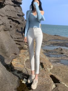 White Elastic High Waist Womens Jeans Slim Fit Nine Point Spring Autumn New Style Slimming Light Blue Long Pants