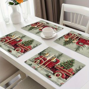 VIKAMA 4-Piece Christmas Truck Snow Scene Placemats Holiday Gathering Family Dining Table Decor Accessories Party Decorations