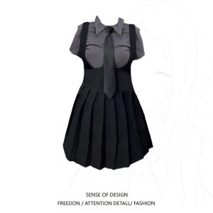 plus Size Sweet And Spicy College Style Shirt with Tie + A-Line Midi Skirt Two-Piece Set Short Sleeve High Waist Pleated Dress