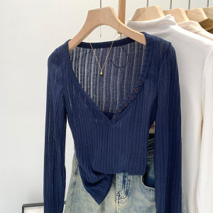 สลิมฟิต เสื้อยืดแขนยาว ผู้หญิง Early ฤดูใบไม้ร่วง สไตล์ใหม่ Anti ลายทาง ลูกไม้ Cover Up Short เสื้อท่อนบน Pure Color Minimalist ลำลอง