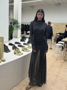 Elegant Long Sleeve Long Dress Two Piece Set with Fish Tail Skirt Transparent Thin Veil Irregular Hem Base T Shirt Slimming Effect