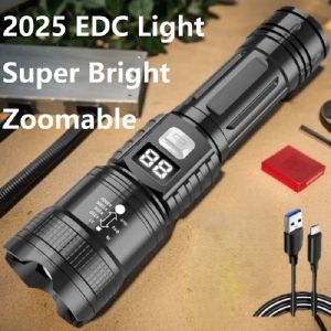 High Strong Power Led Flashlights Super Bright USB Rechargeable Tactical Torch With Display Light Portable Camping Fishing Lamps