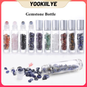YOOKIILYE 10ml Roll On Bottles Natural Gemstone Essential Oil Roller Ball Bottles Transparent Perfumes Oil Liquid with Crystal Chips