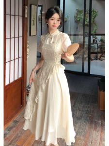 New Chinese Style Irregular Hemline Qipao Dress Summer High Waist Short Sleeve Long Skirt Sweet First Love Revamped Cheongsam
