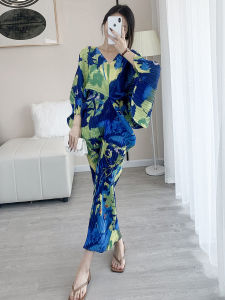 NOVA quality⭐One person one pleat⭐ High-end European and American printing personalized design Miyake pleated dress 2023Autumn temperament female foreign trade fashion v-neck loose dress