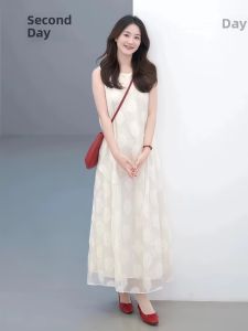 VKSOD | French Elegant White Sleeveless Vest Dress Women Summer Sweet Unique Beautiful A-Line Long Skirt High Waist Commute Style