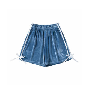 กางเกงขาสั้นผ้ากำมะหยี่เอวยางยืดสไตล์วินเทจสไตล์ย้อนยุคสำหรับผู้หญิง กางเกงวอร์มลำลองลายทางข้างและโบว์ผีเสื้อ กางเกงขายาวทรงหลวม