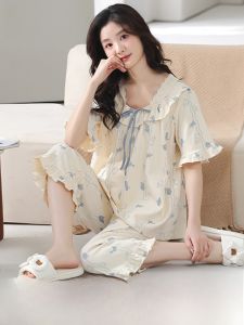 MiiOW | Bộ đồ ngủ cotton mùa hè cho nữ MiiOW Áo chui đầu tay ngắn Quần dài đến đầu gối Quần áo mặc nhà thoải mái thoáng khí