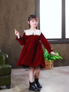 Váy bé gái Nhung đỏ cổ nơ tiểu thư siêu xinh mềm mịn an toàn dành cho bé gái 12-50kg