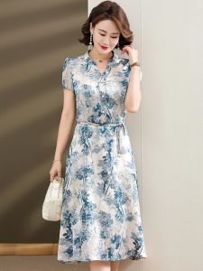 Elegant Short Sleeve Mothers Dress Mid-Late Age Women Fashionable Long Skirt V-Neck Loose Fit Polyester Fiber Summer New Arrival