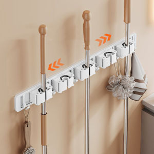 White Mop and Broom Organizer Mop Holder Rack Mop Holder Wall Mounted Strong Broom Mop Holder Self With 5 Hooks Organizers