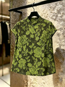 SHUAIYUE | Áo Blouse Kiểu Trung Quốc Tay Ngắn In Xanh Đô Mùa Hè