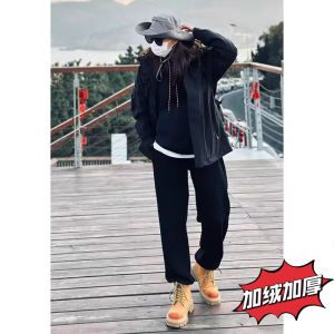 กางเกงลำลองชายผ้าฝ้ายผสมกำมะหยี่หนาฤดูหนาว กางเกงวอร์มขาบาน กางเกงขายาวทรงหลวมสบาย ๆ สีดำ กางเกงขายาวสไตล์อเมริกันสำหรับฤดูใบไม้ร่วง/ฤดูหนาว