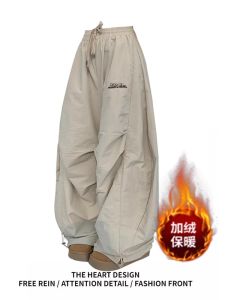 American vintage Pleat Paratrooper Machete Overalls Women Fleece-lined Thickened Autumn and Winter New Loose Wide Leg Mopping Pants