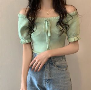 Áo Thun Dệt Kim Ôm Vừa Vặn Tay Bồng Ngắn Kiểu Pháp Cho Nữ Mùa Hè 2021 Cổ Chữ V Tay Bồng Hoa Ren Nơ Lưng Hở