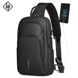 HK Business Crossbody Bag Waterproof Mens Shoulder Bags Chest Pack with USB Port Large Oxford Side Bag for Men Leisure Satchel