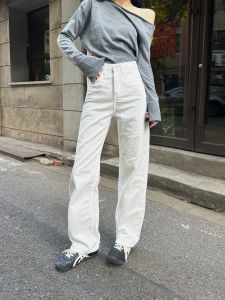 Tristine Dopaamine Straight Leg Jeans Women Casual White Wide Leg Pants High Waist Draping Trousers Pure Color Faded Natural Waist Zipper Closure Wear Resistant