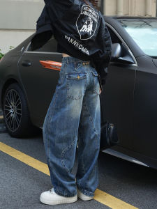 Retro Button Design Straight Leg Jeans Womens High Waist Loose Wide Leg Knife Pants Autumn New Style Casual Pure Color