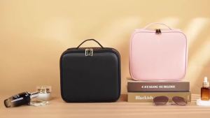 Travel Makeup Bag with Lighted Mirror 3 Color Setting LED Train Case Cosmetic Bag Organizer with Adjustable Divider Brush Board
