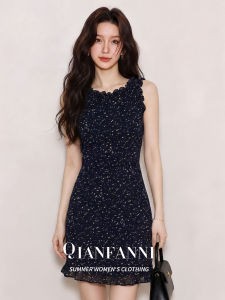 QFN | Đầm Dây Nơ Chấm Bi Xanh Đen Dài Tối Giản