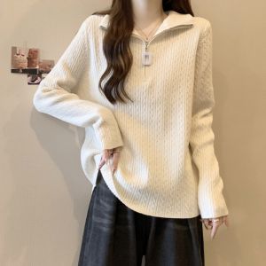 French Design Plus Size Loose Half-Zip Knit Sweater