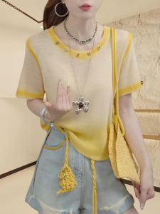 Shalldoer | Fashionable Anti-Aging Color Block Letter Short Sleeve T-Shirt Womens Summer Thin Loose Casual Versatile Top Korean Style