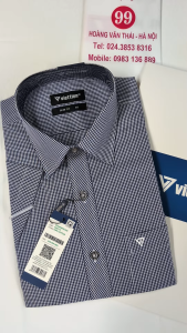 [Việt Tiến] Áo Sơ Mi Ngắn Tay - Slim Fit - Vạt Vuông - Kẻ ô màu xanh navy - Size 40 (lẻ size)