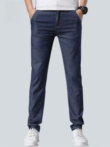 ROMON | Loose Fit Mens Denim Jeans Summer Lightweight Straight Leg Elastic Wide Leg Workwear Wear Resistant Business Casual Long Trousers