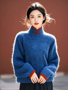Menswear Blue Button Stand Collar Knitted Sweater Winter 2025 New Chinese Style High Design Sense Small Audience Matching Womens Wear