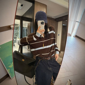 YUANYA | Stripe Polo Neck Long Sleeve Loose Knit T-shirt
