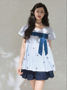 KEIKO | Embroidery Blue Stripe Short Sleeve Sweet Casual Shirt