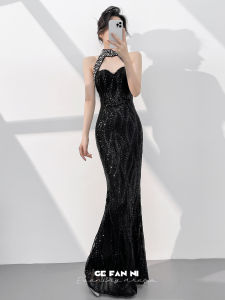 Elegant Party Evening Dress Black Halter Fish Tail Sequin