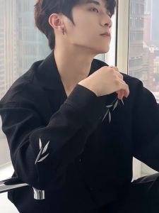 Kemeja Lengan Panjang Pria Kerah Kuba Bordir Bambu shirt Kasual Desain Kerah kemeja pria korean style