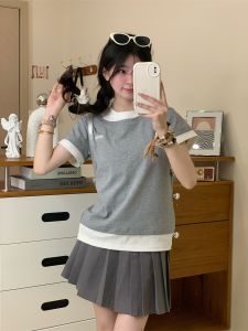 Korean Style Short Sleeve Fake Two-Piece T-Shirt for Women Petite Unique Color Block Shoulder Sweet Girl Slimming Short Top